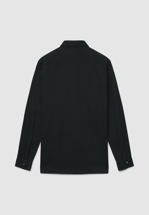 Schwarzes Langarmhemd mit klassischem Kragen, ausgestattet mit geknöpften Manschetten und einem glatten, strukturierten Stoff. Schlichte Rückseite ohne Muster oder Akzente.