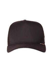 Schwarze Kappe mit strukturiertem Design, das ein kariertes Muster in Rot aufweist. Aus Stoff gefertigt, mit einer flachen Krempe und seitlichen Mesh-Einsätzen.