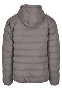 Grå, polstret jakke med hætte. Har en quiltet design og elastiske manchetter. Glat tekstur med lodrette linjer over kroppen.