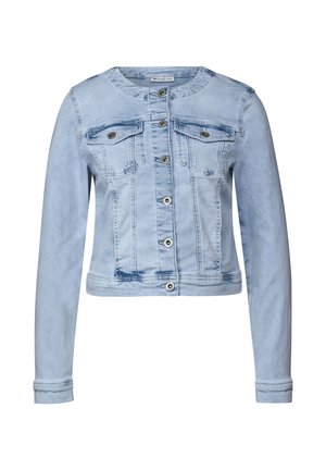 Light blue denim jacket with long sleeves, button front, two chest pockets, and a slightly cropped cut. Distressed texture on fabric.