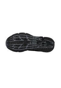 Suola di scarpa da corsa nera con gomma testurizzata per la presa, scanalature di flessibilità e una sezione intermedia trasparente.