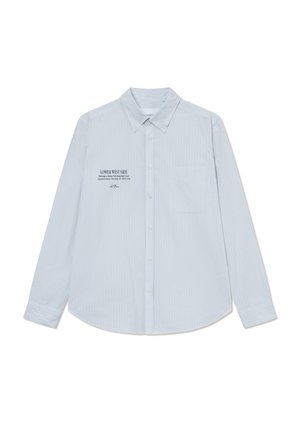Light blue long-sleeve shirt with vertical stripes, classic collar, button-down front, single chest pocket, and printed text on the left side.