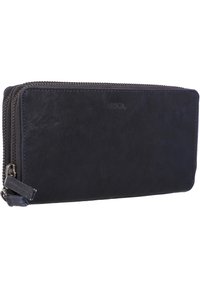 Black leather wallet with a textured finish, zippered closure, and a minimalist design. Features a subtle logo on the front.