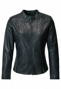 Schwarze Lederjacke mit rundem Kragen, langen Ärmeln, Reißverschluss und Seitentaschen; glatte Textur mit Stichakzenten.
