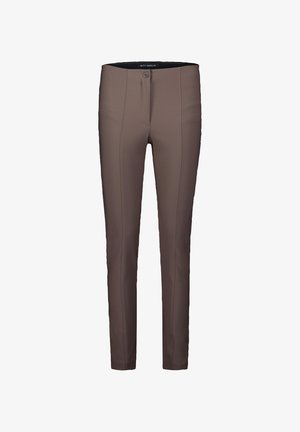 Braune, enganliegende Hose aus glattem Stoff mit vorderem Knopfverschluss. Mit vertikalen Nähten und schmaler Silhouette.