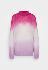 Pull en tricot avec col roulé, présentant un dégradé du rose au violet, une coupe décontractée et des poignets et ourlet côtelés. Tissu texturé.