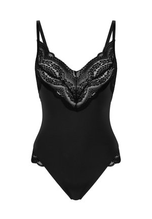 Svart bodysuit med justerbara axelband, som har intrikata svarta spetsdetaljer längs halsringningen och sidorna, slät tyg och en figurnära silhuett.