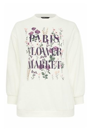 Valkoinen pitkähihainen collegepaita, jossa on violettia tekstiä "Paris Flower Market" ja ympärillä erilaisia pieniä vaaleanpunaisia ja violetteja kukka-aiheisia kuvituksia.