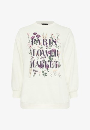 Hvid sweatshirt med langærmer med lilla tekst "Paris Flower Market" omgivet af forskellige små pink og lilla blomsterillustrationer.
