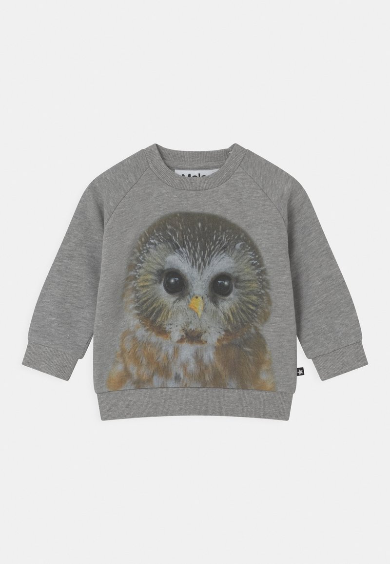 Sweatshirt gris en mélange de coton avec un grand graphique de hibou détaillé sur le devant. Inclut des poignets et un col côtelés.