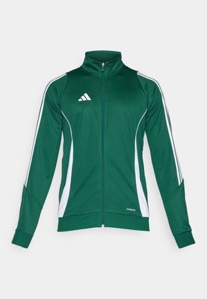 Grüne Sportjacke mit hohem Kragen. Verfügt über weiße Seitestreifen und einen Reißverschluss. Hergestellt aus dehnbarem, glattem Stoff mit tailliertem Design.