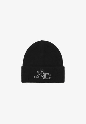 Black knitted beanie with a folded cuff. Features embroidered "LD" in white. Soft texture, cylindrical shape, suitable for cold weather.