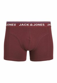 Boxers pour hommes couleur bordeaux avec une ceinture élastique de marque portant l’inscription « JACK & JONES » en lettres blanches.