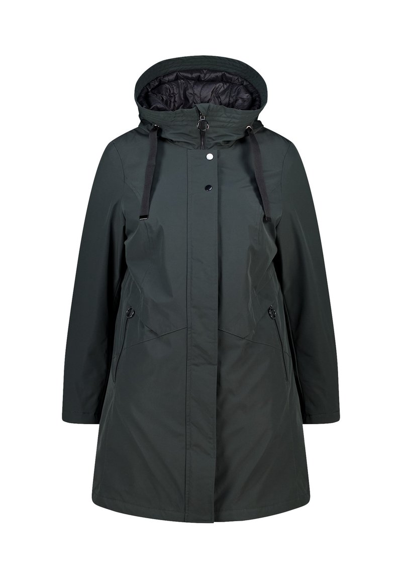 Parka imperméable vert foncé avec capuche, fermeture éclair et boutons-pression, cordons de serrage ajustables, poches latérales et texture lisse.