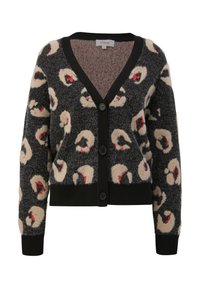 Zwarte en grijze cardigan met een luchtige textuur, voorzien van een V-hals, grote knopen en een patroon van lichte crèmekleurige gezichten met rode accenten.