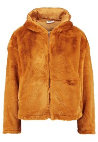 Umělá kožíšková bunda s kapucí ve světlé oranžové barvě, s předním zipem a dlouhými rukávy. Měkký, texturovaný povrch a uvolněný střih.