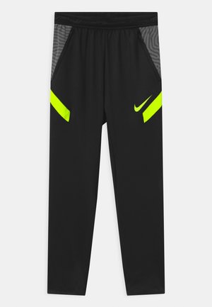 Schwarze Sporthosen mit einem Netzbund, ausgestattet mit neon-gelben Akzenten an den Taschen und Beinen. Glatter Stoff mit schlanker Passform.