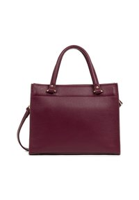 Borsa a mano in pelle borgogna con superficie texturizzata, doppi manici superiori e tracolla rimovibile. Presenta dettagli in metallo dorato.