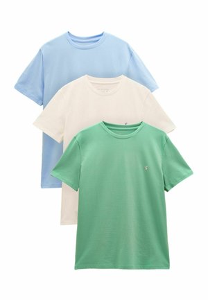 Three plain crew-neck t-shirts stacked, colors front to back: green, off-white, and light blue, displayed on a white background.