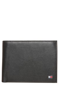 Black leather wallet with a smooth texture, bi-fold design, and subtle branding on the bottom right corner. Edges are stitched.