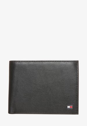 Black leather wallet with a smooth texture, bi-fold design, and subtle branding on the bottom right corner. Edges are stitched.