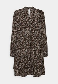 Musta kukallinen mekko pitkillä hihoilla, avainaukkotaustalla ja levenevällä helmalla. Sisältää pieniä valkoisia, oransseja ja keltaisia kukkia hajautetussa kuosissa.