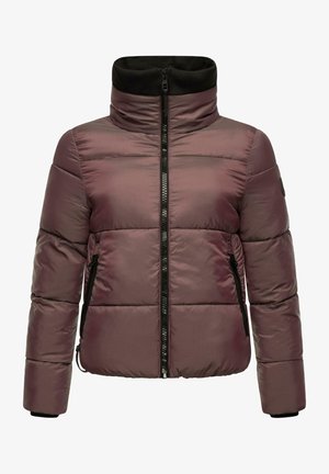 Gewatteerde jas in donker mauve met een hoge kraag, volledige ritssluiting aan de voorkant en twee ritszakken aan de zijkanten. Voorzien van een gestructureerde buitenstof.