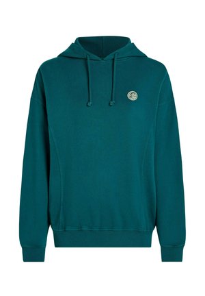 Felpa con cappuccio turchese con un logo rotondo sul petto. Presenta polsini e orlo a costine, coulisse e un tessuto morbido e testurizzato.
