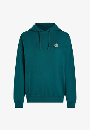 Felpa con cappuccio turchese con un logo rotondo sul petto. Presenta polsini e orlo a costine, coulisse e un tessuto morbido e testurizzato.