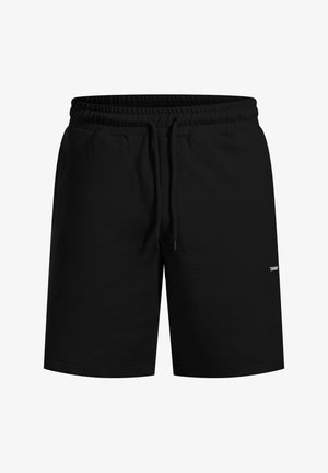 Schwarze Shorts aus weichem Stoff, mit elastischem Bund und Kordelzug sowie einem kleinen metallischen Logo auf der rechten Seite.