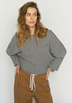 Naine, kellel on pikad lainelised juuksed, seljas hall soonikkoes kampsun ja pruunid nööriga püksid, käed taskutes, vaatab küljele ühevärvilise tausta ees.