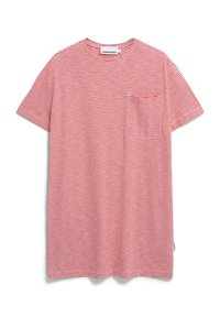 Czerwono-biała, w paski, koszulka z krótkim rękawem, okrągłym dekoltem i kieszonką na piersi. Wykonana z miękkiego materiału o luźnym kroju.