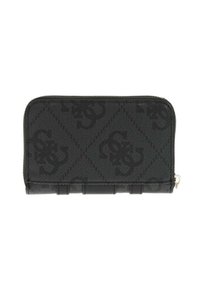 Billetera texturizada negra con un patrón de monograma, que cuenta con un cierre de cremallera y líneas horizontales en el costado para un mejor agarre. Fabricada con material duradero.