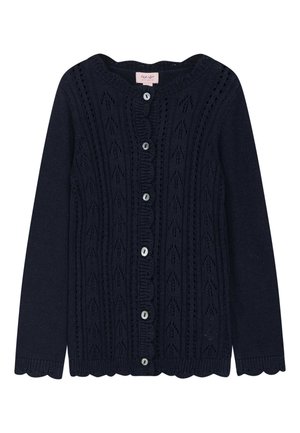 Cardigan navy con un motivo a maglia testurizzato, colletto a coste, orlo scallop e cinque bottoni chiari sul davanti.