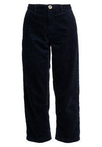 Marinblå kordflodbyxor med rak bendesign, med knäppning framtill och vertikal ribbad textur.