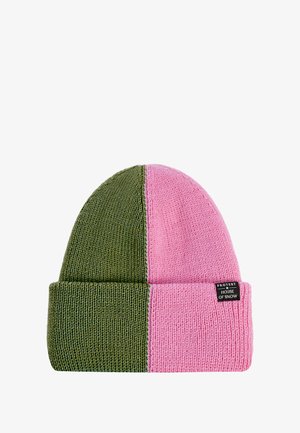 Gebreide beanie met een gesplitst ontwerp in olijfgroen en roze. Zachte textuur met een opgevouwen manchette. Inclusief een merketiket genaaid aan de zijkant.