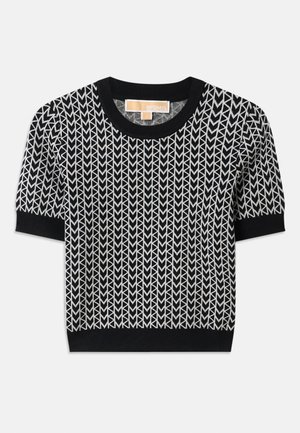 Zwart kortelfsweater met een geweven pijlpatroon in het wit. Geribbelde halslijn en manchetten, met een getailleerde vorm en zachte textuur.