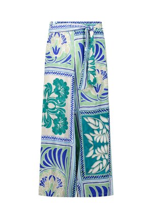 Pantalon à jambes larges avec ceinture à nouer à la taille, avec un motif patchwork floral et géométrique vert, bleu et blanc.