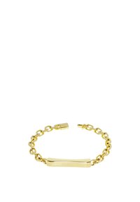 Bracciale in oro con un piatto centrale rettangolare inciso con "LIU JO." I link sono lisci con una finitura lucida.