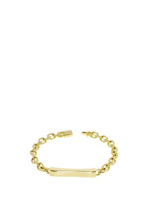 Bracciale in oro con un piatto centrale rettangolare inciso con "LIU JO." I link sono lisci con una finitura lucida.