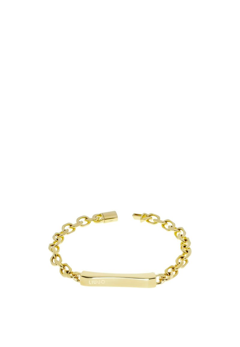 Bracciale in oro con un piatto centrale rettangolare inciso con "LIU JO." I link sono lisci con una finitura lucida.