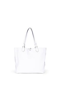 Borsa a tote in pelle bianca con texture liscia, doppi manici e sottili accenti neri lungo i bordi. Design con apertura superiore.