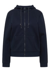 Felpa con zip di colore blu navy, dotata di cappuccio regolabile con cordino, strisce texturizzate lungo le maniche, tasche frontali e polsini e orlo a costine.