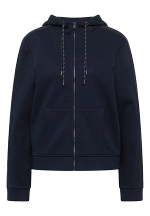 Felpa con zip di colore blu navy, dotata di cappuccio regolabile con cordino, strisce texturizzate lungo le maniche, tasche frontali e polsini e orlo a costine.