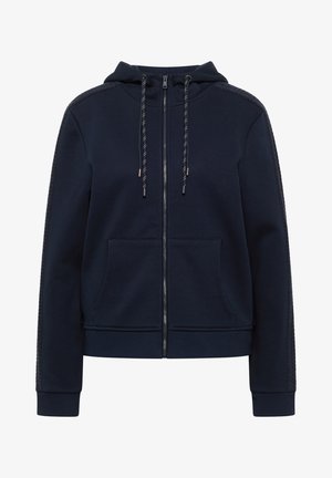 Navy blue zip-up hoodie with drawstring hood, textured stripes along sleeves, front pockets, and ribbed cuffs and hem.