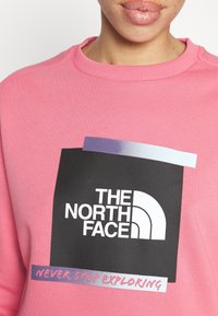 Felpa rosa realizzata in morbido cotone. Presenta una grande grafica quadrata nera con testo bianco: "THE NORTH FACE" e "NEVER STOP EXPLORING" in un gradiente.