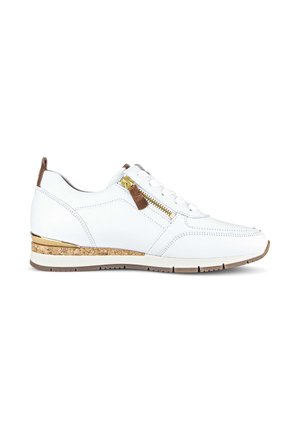 White sneaker with lace-up front, side gold zipper, brown leather accents, cork and gold detailing on sole, and beige treaded outsole.