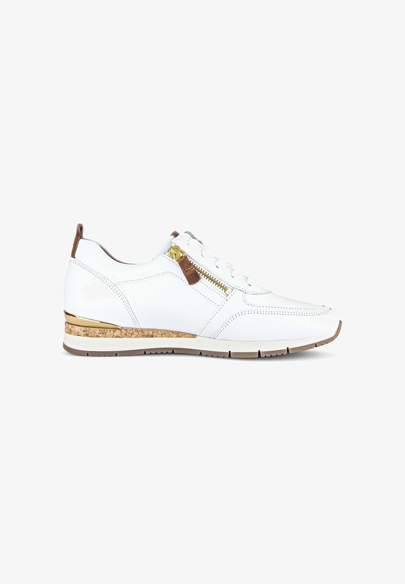 White sneaker with lace-up front, side gold zipper, brown leather accents, cork and gold detailing on sole, and beige treaded outsole.