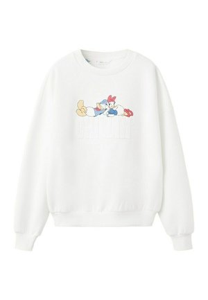 Sweatshirt blanc avec les personnages de dessin animé Donald et Daisy Duck se détendant au-dessus du mot "CHILLIN'" embossé sur le devant.