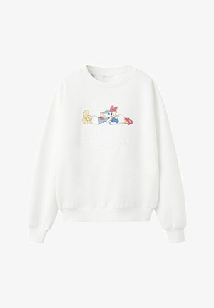 Felpa bianca con i personaggi dei cartoni animati Paperino e Paperina che si rilassano sopra la scritta in rilievo "CHILLIN'" sul davanti.